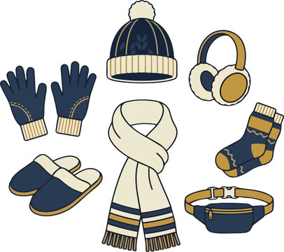 Winter clothing accessories and cold weather gear for fashion, seasonal outfit and outdoor travel. Scarf, beanie and gloves with earmuffs, warm socks and slippers for comfort, lifestyle and style.