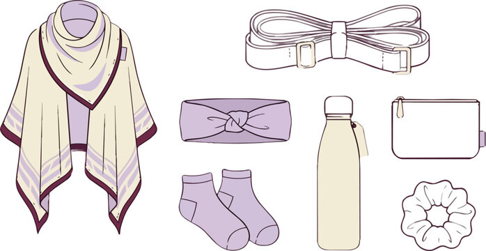 Yoga lifestyle accessories and travel kit with purple shawl, fitness strap and water bottle. Wellness gear, socks and headband with pouch, scrunchie and exercise items for health and relaxation.