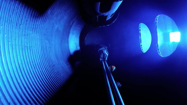 Low oblique panoramic view inside large ribbed metal cylinder with concentric grooves on left and two parallel metal conduits extending diagonally toward center, joined by visible clamp and coupling