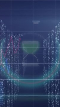 Animation of hour glass icon spinning over statistical data processing and screens of mosaic squares