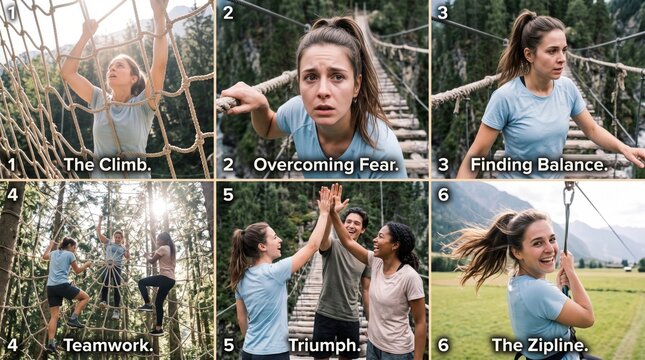 A six-frame collage illustrating the emotional journey and step-by-step progress through a ropes adventure course: from overcoming fear to the final triumph.
