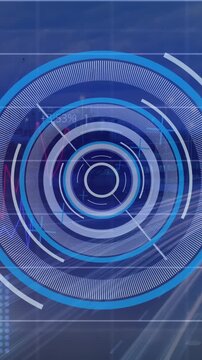 Animation of neon round scanner and statistical data processing against aerial view of city traffic