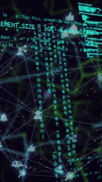 Animation of data processing and network of digital icons over plexus networks on black background