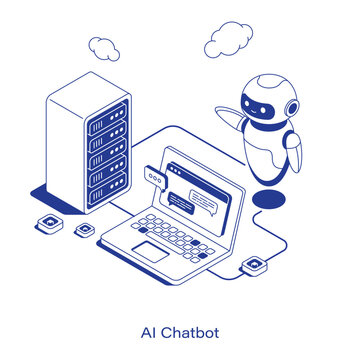 Isometric AI chatbot vector illustration. A friendly robot hovering near a laptop showing a chat interface, connected to a server stack and network nodes. Clean IT communication technology layout