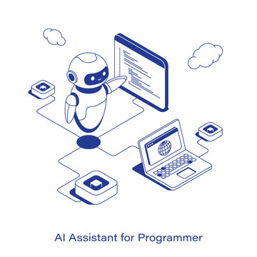 Isometric AI assistant for programmer vector illustration. A robot pointing at a code window connected to a laptop with a globe and network nodes. Clean IT software development technology layout