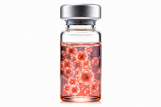 Glass pharmaceutical vial filled with glowing biological cells in a red liquid
