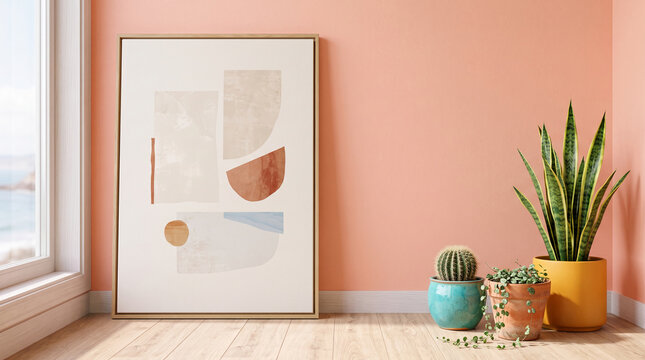 Minimalist abstract art in a frame displayed with potted plants on a wooden floor, symbolizing modern decor, natural elements, and a peaceful atmosphere