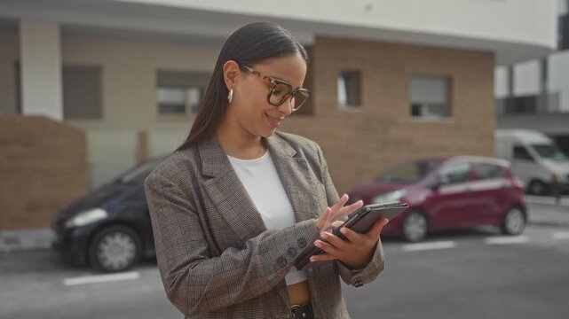 Woman tapping tablet screen on street outside a residential building, smiling and holding device while wearing glasses and a blazer; confidence productivity.