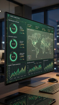 Digital dashboard showcasing global data analytics with charts and world map, symbolizing business intelligence and strategic planning