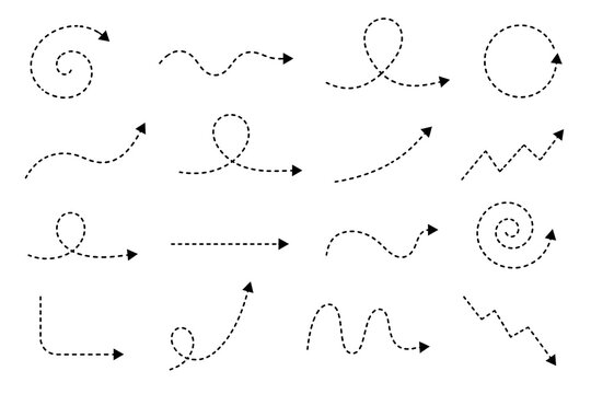 Dotted arrow icons set, black direction pointers, curved lines with arrowheads, spiral paths and straight arrows for infographics and presentation layouts on white background