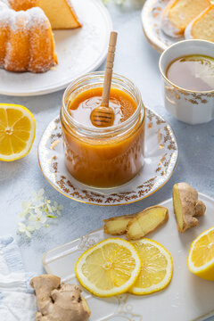 Delicious honey ginger lemon cake with fresh ingredients and tea