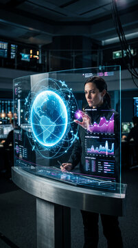 A woman interacts with a holographic display of the Earth, showcasing data visualization and network traffic, symbolizing global connectivity and advanced technology.