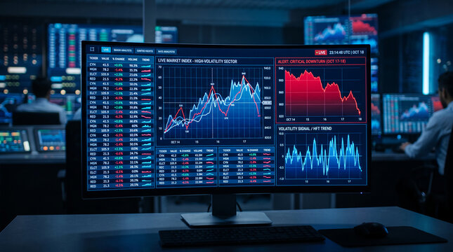 Digital screen displaying stock market data with charts and ticker symbols, representing financial analysis and trading