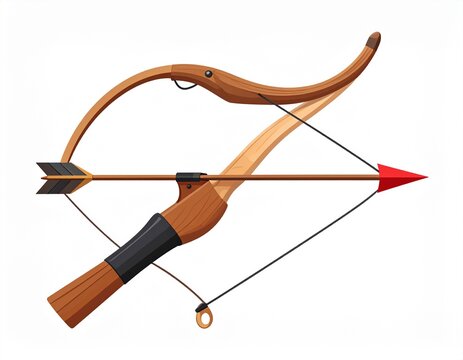 Medieval wooden crossbow with red arrow bolt, traditional hunting weapon illustration, historical archery equipment isolated on white background
