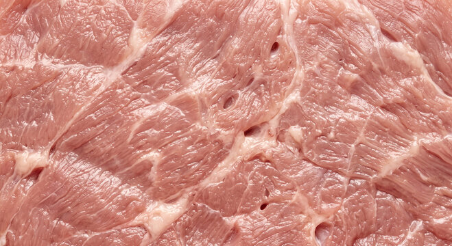 A detailed view of fresh raw meat slab with irregular fiber orientation