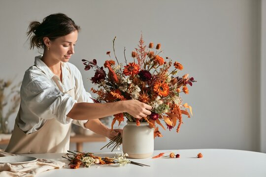 Floristin gestaltet einen farbenfrohen herbstlichen Blumenstrau&szlig;