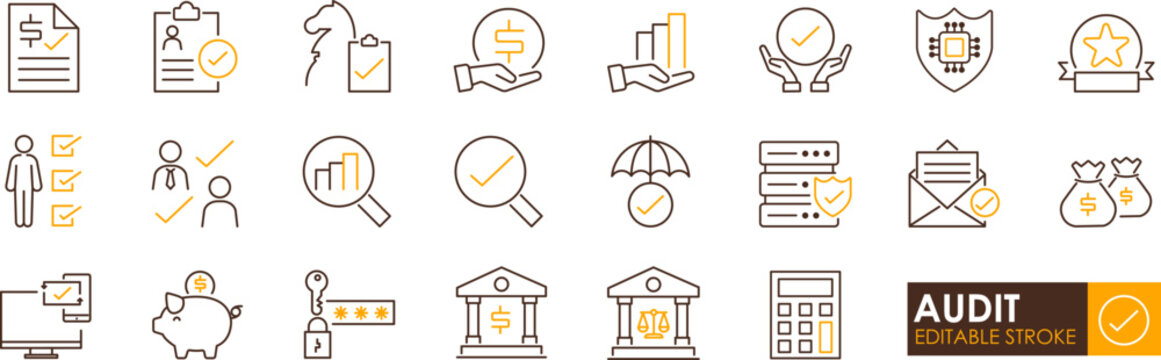Audit checklist and financial review icons set conveying trust and compliance with warm accent, suitable for business presentations and reports