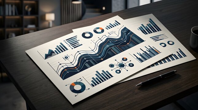 Business financial charts and data analysis reports on a dark wooden office desk