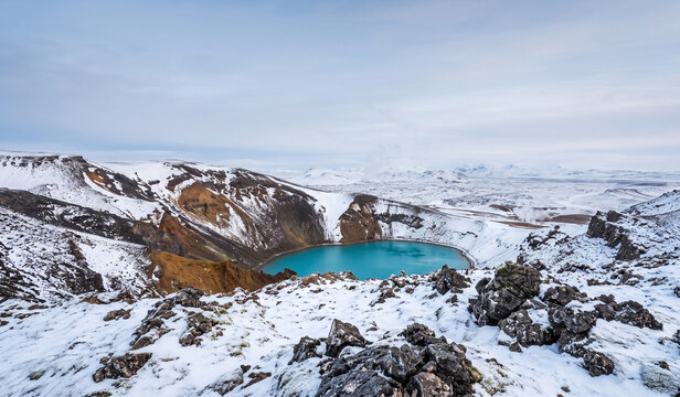 Snow Covered Krafla Viti Crater with Turquoise Geothermal Lake