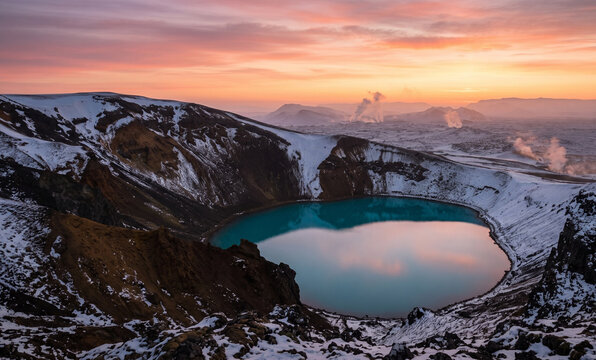 Sunset Reflection on Viti Geothermal Lake at Krafla Iceland
