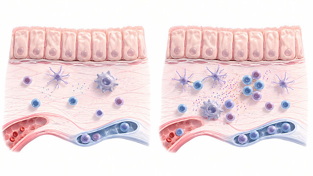 Comparative medical diagram of homeostatic versus activated immune response in epithelial tissue
