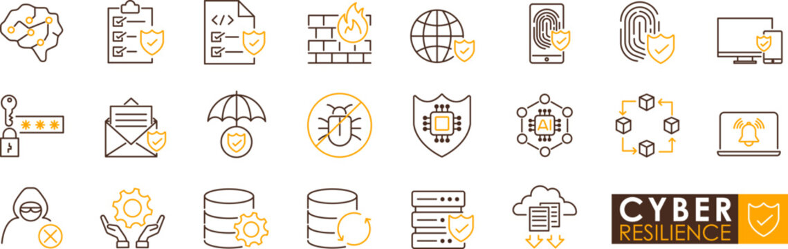 Cyber resilience concept icons set showing security shield, firewall, encryption, backup, threat protection and secure network for business