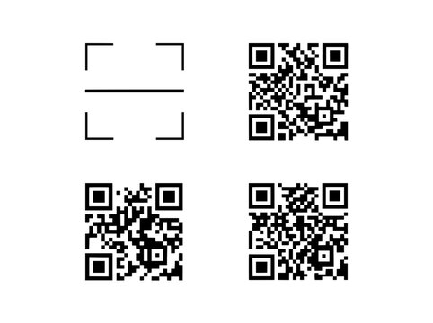 QR code scanner icons set, digital barcode symbols for mobile payment, black and white matrix code vector collection for retail