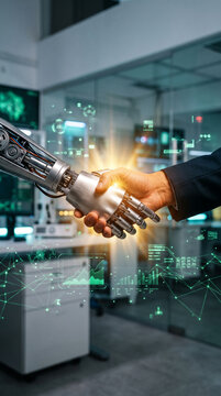 A robotic hand shakes a human hand in a modern office with digital data overlays, symbolizing technological advancement and business partnership
