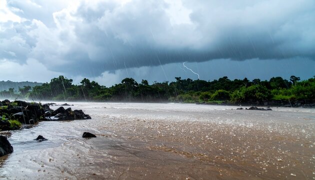 Heavy Rain and Lightning over Tropical River during Monsoon Storm