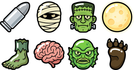 Fototapeta premium Set of Halloween Monster and Horror Cartoon Icons on White Background