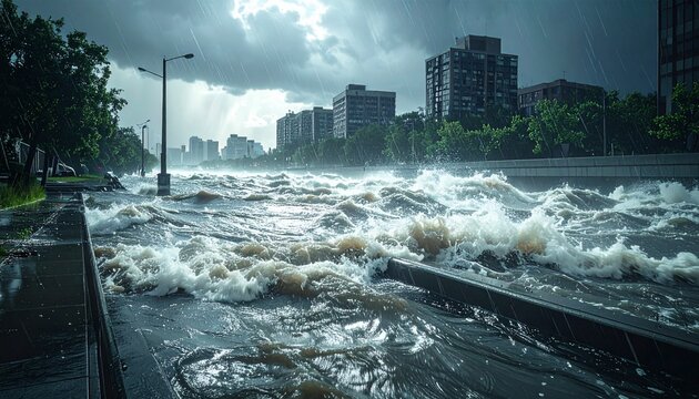 Heavy Rainfall Causing Urban Flash Flooding with Rushing Water on Submerged City Streets