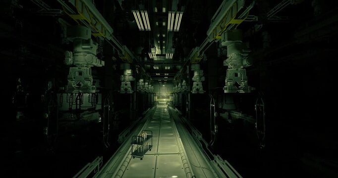 narrow ship corridor leading light at horizon, salvage rover navigating debrisstrewn deck, corroded panels and dust, airlock signs dim, silent atmosphere