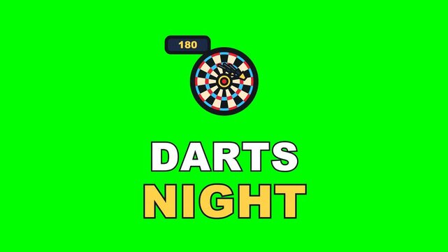 4K green screen DARTS NIGHT animated text - three arrows thudding into the treble bed, kinetic typography sports overlay for match edits and social media, chroma key