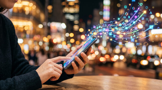 Smartphone screen displays abstract digital icons flowing from device, symbolizing connectivity and data flow in an urban nightscape