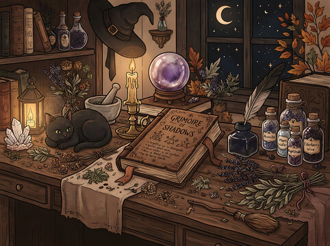 Mystical witchs table with crystal ball spellbook potions and black cat illustration