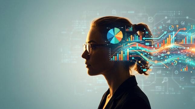 Silhouette of a woman's profile, with glowing data visualization and charts emanating from her head, representing thought and analysis.