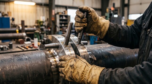 Industrial worker aligning metal pipe flanges with pins in a workshop