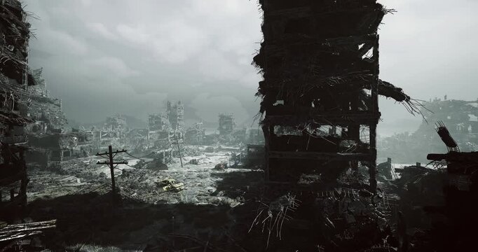 entrance ruin opening onto shattered skyline, dark porch view contrasts with pale distant towers, wet ground reflects broken light, composition invites urban