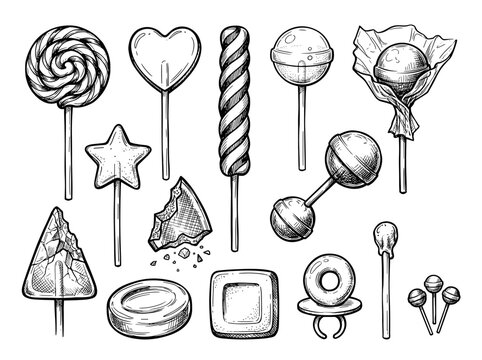 Retro black ink sketch of various lollipop candy shapes, hand drawn doodle set isolated on white background