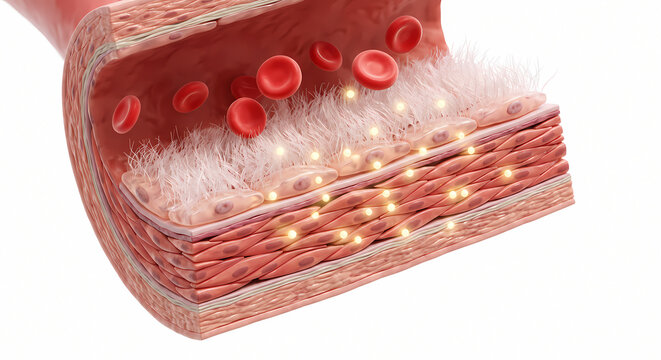 3D cutaway section of arteriole showing endothelial glycocalyx lining, smooth muscle layers, and flowing erythrocytes
