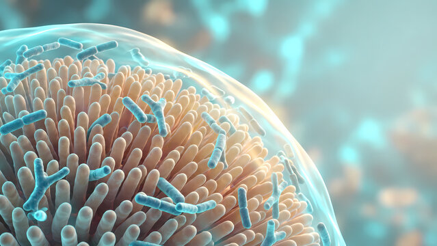Microscopic 3D illustration of rod-shaped bacteria interacting with epithelial microvilli cilia surface