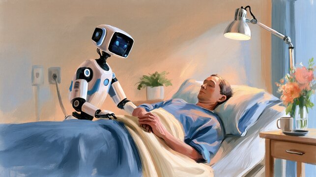 Gouache illustration of a caregiving robot assisting a bedridden patient in a hospital room