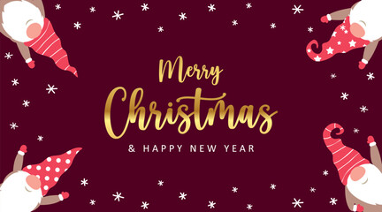 Fototapeta premium christmas greeting card with cute christmas dwarf in winter vector illustration