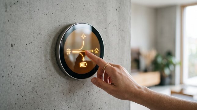A person touching a smart home energy management display on a concrete wall