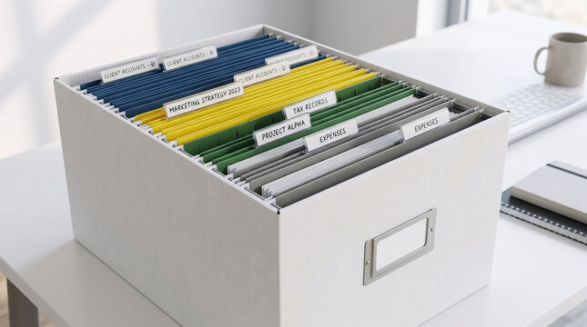 White office file cabinet filled with colorful hanging folders on a white desk