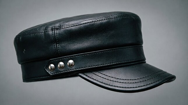 Black leather fiddler cap with silver buttons on side