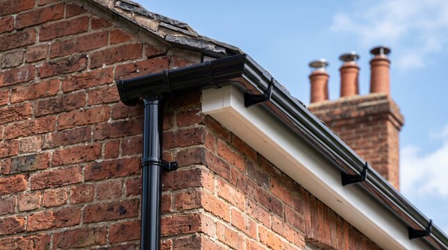 Closeup of a black gutter system installed on the edge of a red brick house roof with chimneys visible against a blue sky
