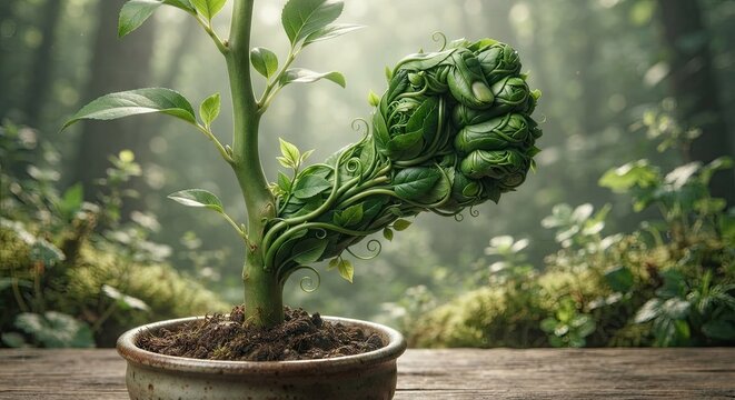 Potted plant with large green fist-shaped leaf in forest setting