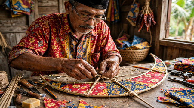 Elderly craftsman making traditional wau bulan kite in workshop