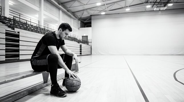Thoughtful athlete sitting on bench while looking at basketball in sports hall representing focus and contemplation sitting on bench Thoughtful sitting while looking at basketball on bench in sports